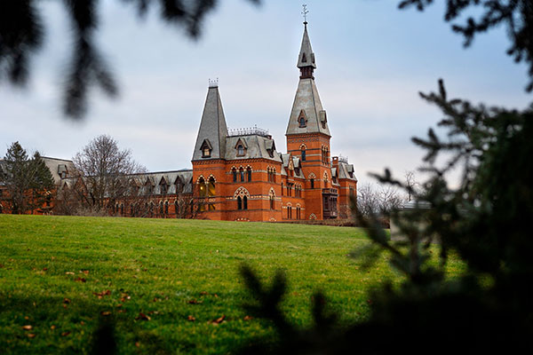 Sage Hall framed by trees branches and green grass in the foreground.